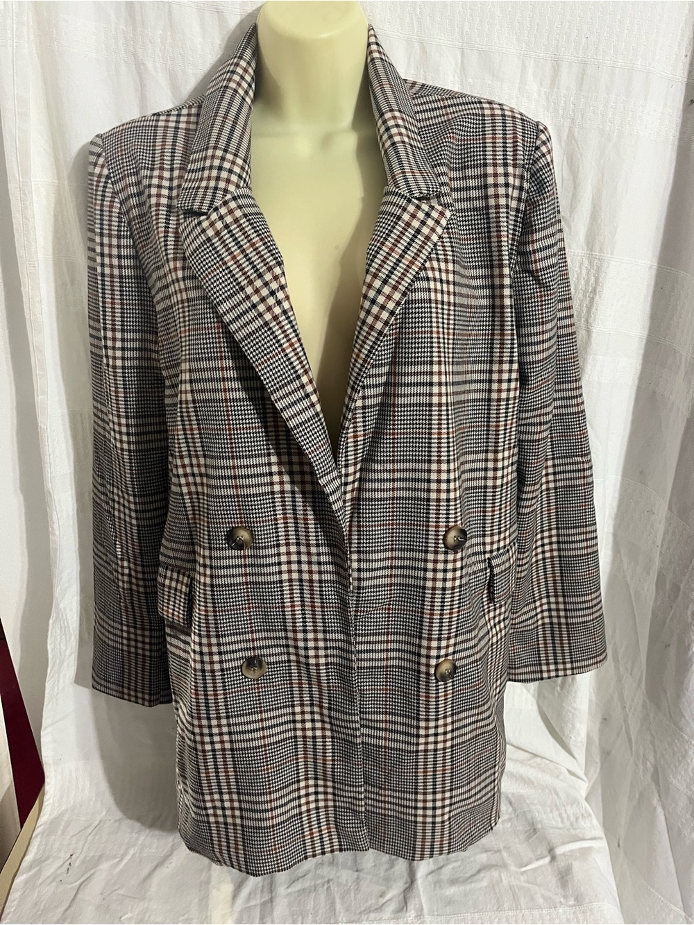 BE COOL Plaid Double-Breasted Blazer - Black, Taupe, Brown